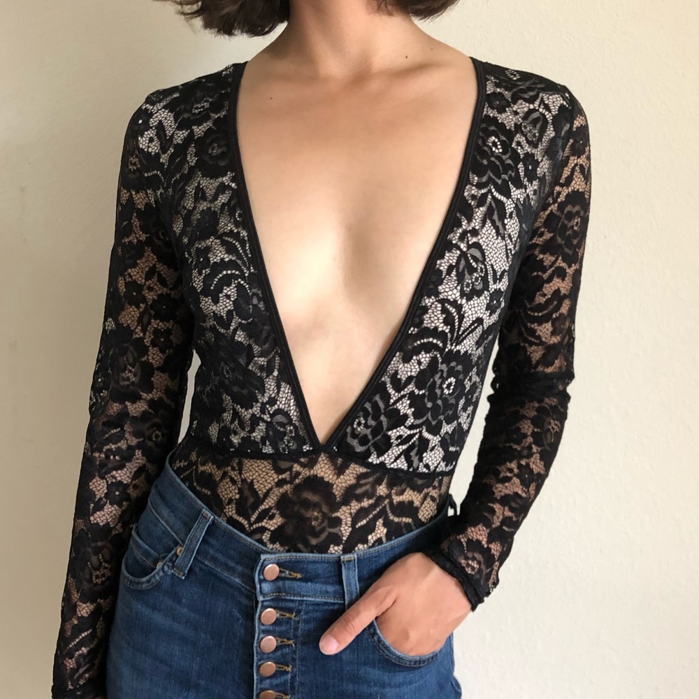 Boohoo lace body suit with plunging neck line